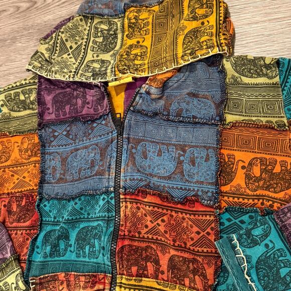 Karma Circle Patchwork Elephant Zip Hoodie Boho Hippie Festival Jacket Small - Picture 3 of 8